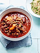 Cinnamon-flavored beef,chickpea and dried apricot stew in tomato sauce