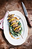 Spicy Souvlaki with pureed spinach