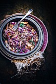 Sauteed noodles with spicy red cabbage and chicken