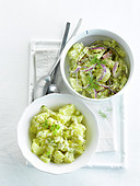 Potato salad with red onions and potato salad with cucumber and gherkins