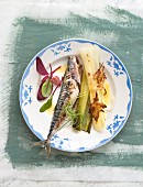 Grilled mackerel,steamed leeks with spicy butter and fried onions