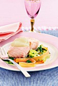 Salmon steak with celery cream and vegetable tagliatelle with herbs