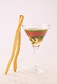Revisited tomato-mozzarella cocktail with breadsticks