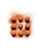 Truffle and cocoa powder composition on a white background