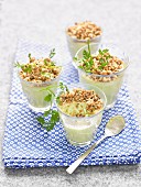 Salmon and avocado panna cotta with crumble topping