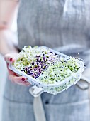 Woman holding a plastic container of sprouts
