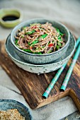 Soba noodles with ribboned green asparagus and sesame