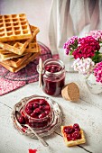 Waffles with stewed cherries