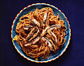 Spaghetti with spicy tomato sauce and sardines