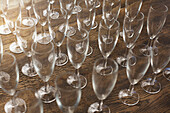 Empty champagne glasses lined up