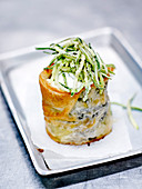 Eggplant and stracciatella cheese Parmigiana in filo pastry with fried courgettes