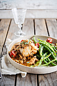 Cod with creamy orange lentils, green beans and cherry tomatoes