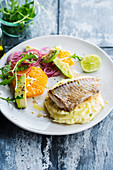Gebratenes Fischfilet auf Kartoffel-Limetten-Püree, dazu Salat mit Orange, roten Zwiebeln, Rucola und Avocado