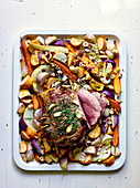 Baked leg of lamb with autumn vegetables