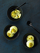 Melon-ginger sorbet with passion fruit coulis