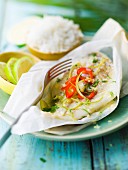 Pollock, lime, pepper and ginger papillote
