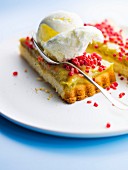 Lemon-thyme, stewed rhubarb and crumbled raspberry shortbread tart topped with a scoop of yoghurt ice cream