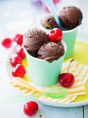 Bowl of dark chocolate ice cream with cherries