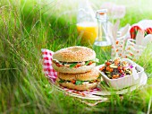 Smoked chicken bagel sandwichs and lentil salad for a picnic