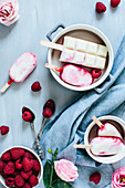 White chocolate ice cream and raspberry chocolate ice cream
