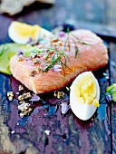 Home smoked salmon, dill mayonnaise, hard-boiled egg and cereal crackers