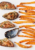 Mussels Stuffed with Smoked Pork Belly, Ginger and Parmesan, Sweet Potato Fries