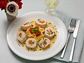 Chicken and spring vegetable rolls, tagliatelles with creamy white wine and chive sauce