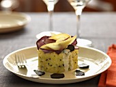 Mashed potato and truffle timbale with thinly sliced Vitelotte and Bintje potatoes