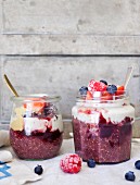 Coconut yoghurt, chia seeds and frosty summer berry pudding jars