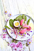 Hard-boiled eggs marbled with beetroot mixed salad