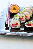 Sea bream, raspberry and passionfruit exotic makis