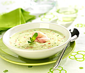 Cream of cucumber and avocado soup with ham