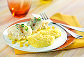 Rolled coley fillets with butter, sweetcorn puree