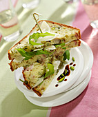 Ham, pistachio and parmesan cake club sandwich
