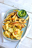 Homemade chips and crisps, guacamole