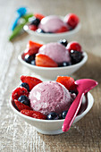 Blueberry yogurt ice cream with mixed red fruits in syrup