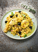 Monkfish curry with green and black olives and bulgur