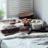 Cakes, pastries and desserts with ingredients and apples