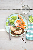 Pollock steak with coffee sauce,broccoli puree,tender carrots with chervil