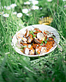 Pork and cockle stew in tomato sauce in the grass outdoors