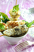 Monkfish And Fried Basil Brochettes With Sesame And Poppy Seeds