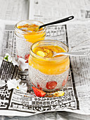 Zwei Gläschen Chiasamen-Leinsamen-Kokosmilch-Pudding mit Erdbeeren und Mango