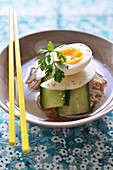 Korean Noodles With Cucumber,Nashi Pears And A Soft-Boiled Egg