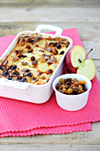 Apple,pear and raisin batter pudding