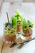 Diced courgette,flaked tuna and celery branch starter