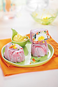 Vegetable macedoine aspic with a hard-boiled egg wrapped in ham