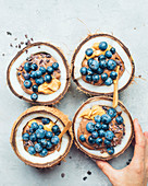 Chocolate mousse,blueberry and toffee coconut bowls