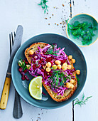 Sandwich with red cabbage, beetroot, chickpeas and dill (vegan)