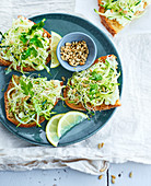 Bread with cream cheese, sprouts, courgette and sunflower seeds (vegetarian)