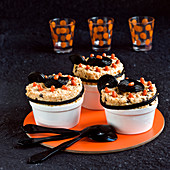 Individual pumpkin souffl?e,topped with licorice twirls and Tic Tacs